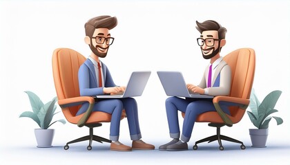 3D illustration of startup concept and business teamwork. Two happy men with laptops sitting