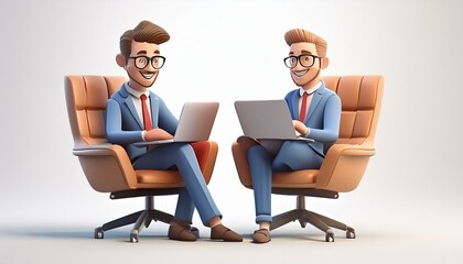 3D illustration of startup concept and business teamwork. Two happy men with laptops sitting