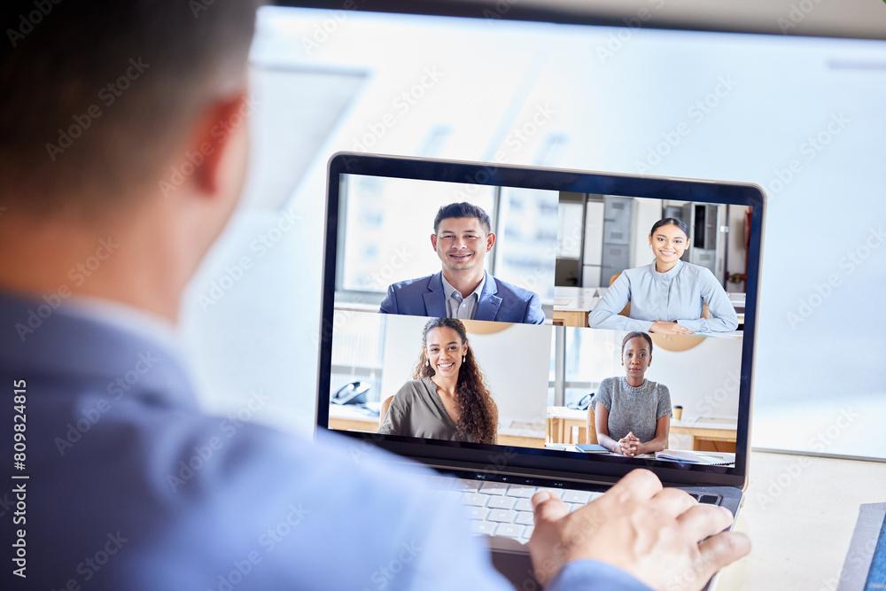 Poster laptop screen, online meeting and business people with video call for planning, discussion or b2b ne