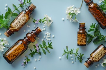 Naklejka premium A serene composition of homeopathic medicine bottles surrounded by fresh herbs and blooming flowers