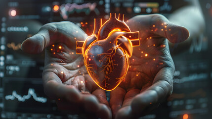 A human heart floating in the palm of two hands, illuminated by medical science holograms, hope and healing for those with cardiovascular issues concept.