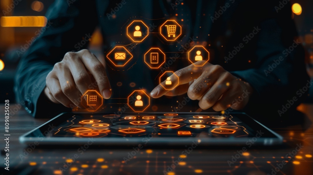 Poster businessman using a tablet with security icons for protecting data.