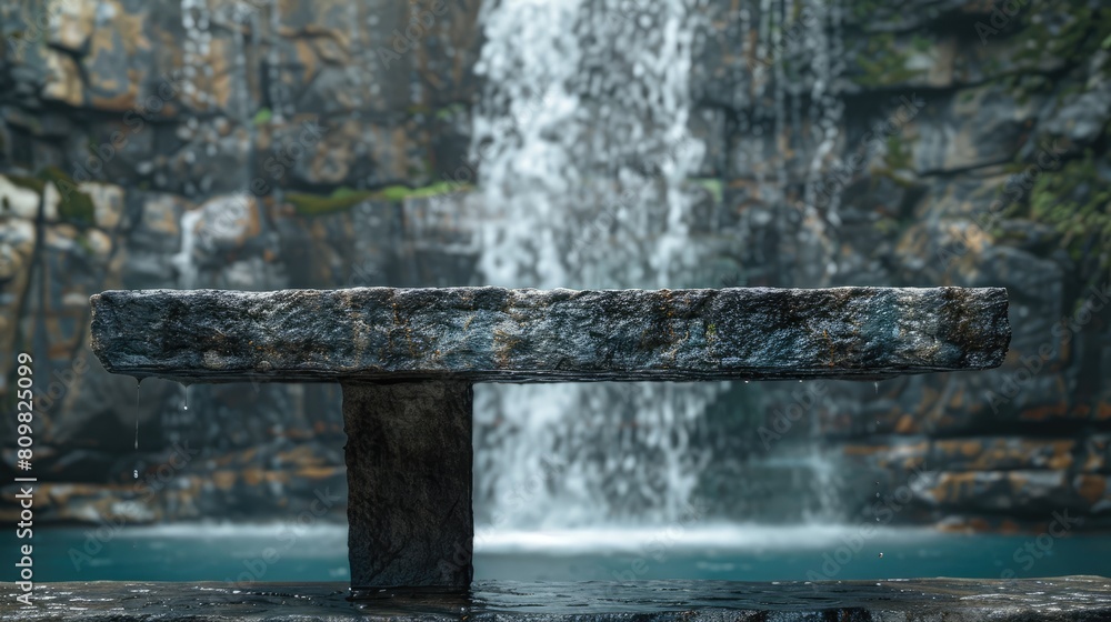 Poster stone stage or table with emty space for product display featuring serene waterfall background