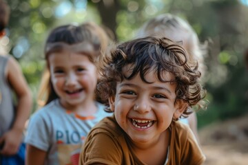 joyful kindergarten children playing together capturing innocent expressions and carefree energy...