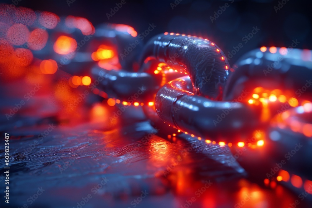 Poster digital illustration of blockchain concept with strong red illumination, emphasizing the strength, p