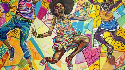 African Young Woman Dancing in Vibrant Colorful Oil Painting