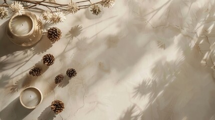The tranquil autumn-themed decor with soft muted colors, twigs, and pinecones creates an open space for product placement, captured in a top-down shot with empty space