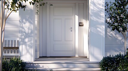 Main entrance door. White front door with landing in minimalist style home cottage house