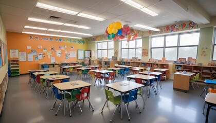 A school classroom with colorful chairs and tables for children
