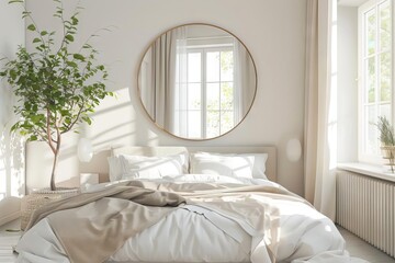 minimalist elegance modern round mirror reflecting soft natural light in neutral bedroom 3d...