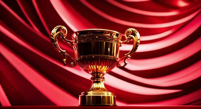 gold trophy cup on red curtain background