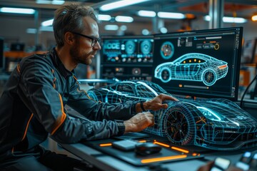 In a technologically advanced workspace, a professional tweaks a digital interface of a holographic car model