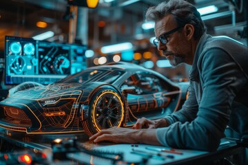 A male designer analyzes a holographic display of a futuristic vehicle, indicating a blend of technology and innovative automotive design