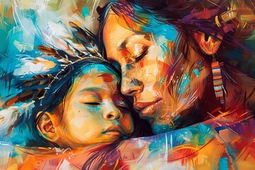 native american mother and child vibrant abstract artistic portrait cultural heritage celebration