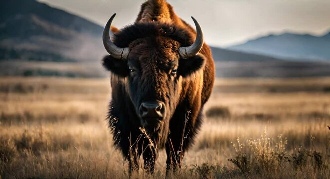 american bison grazing in the field front view
