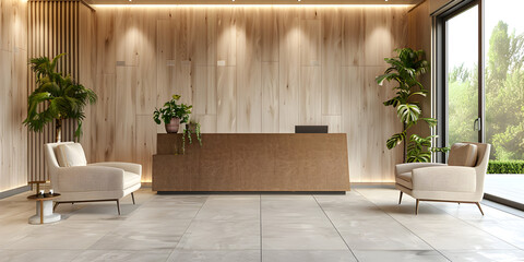 Modern office interior, minimal architecture lobby, white and grey, wood and concrete front desk, bright and clean, mockup wall, counter and plants, Business center. Receptionist. 3D rendering.
