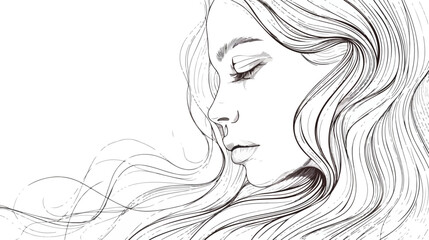 Line woman face with long hair on white background vector