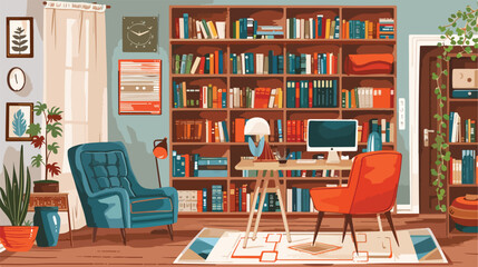 Living room with desk and books Vector illustration.