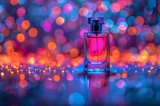 A sleek glass perfume bottle stands gracefully amidst a bokeh of colorful lights, representing femininity and sophistication