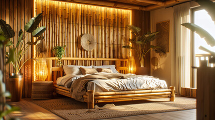 Modern Bedroom with Natural Wood Accents and Cozy Bedding, Bright and Stylish Interior Design