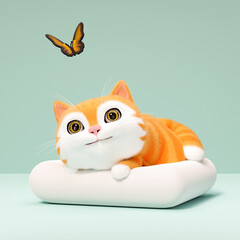 Smilling cat lying on pillow and observing butterfly. 3d cartoon character - 809828818