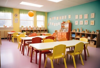 A school classroom with colorful chairs and tables for children