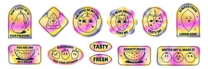 Food Neon Holographic gradient Y2K style sticker set. Editable stroke