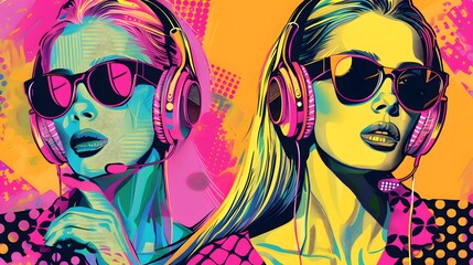 Pop art retro style pretty blonde young people wearing headphones and sunglasses on vibrant...