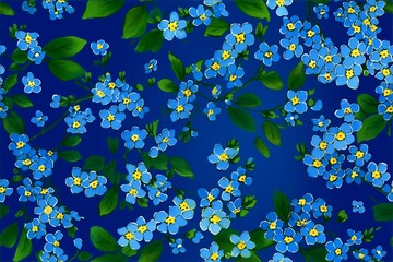 Watercolor blue flowers and leaf seamless pattern