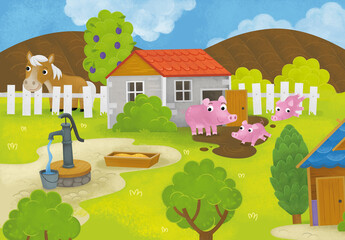 cartoon summer scene with farm ranch enclosure backyard garden and happy animals barn chicken coop or pigsty illustration for children