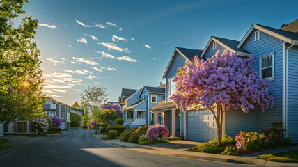 A lovely lilac house with siding, enhancing the suburban street with its playful charm, under the glow of the sun.