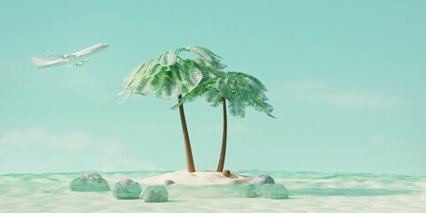 Summer tropical island with coconut palms in ocean and airplane in sky. Summer travel concept. 3d render - 809829090