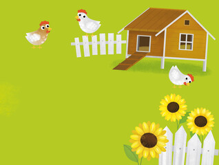 cartoon summer scene with farm ranch enclosure backyard garden and happy animals barn chicken coop or pigsty illustration for children