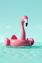 Big pink rubber flamingo in ocean. Summer travel concept. 3d render - 809829202