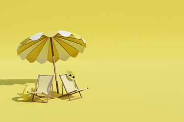 Beach chairs, umbrella and sun accessories on yellow background. Summer travel concept. 3d render - 809829216