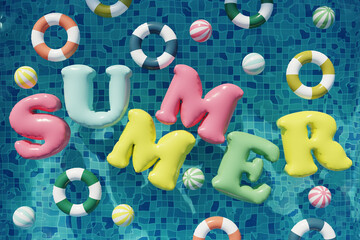 Swimming pool with balls, swim rings and summer letters. Summer swimming pool party. 3d render. Top view - 809829411