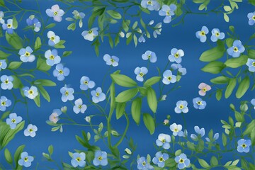 Watercolor blue flowers on blue background seamless pattern