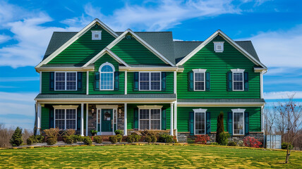 A majestic emerald green house adorned with siding and shutters stands proudly on a large lot in the suburban subdivision, commanding attention against the vibrant blue sky.