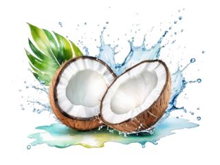 Split coconut fresh splash water  watercolor. isolated white background