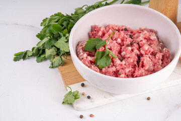 Raw fresh uncooked minced pork, beef, lamb meat