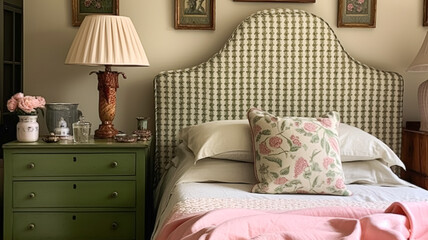 Beautiful English cottage bedroom interior with pink and sage green decor