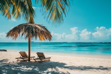 tranquil beach scene with empty chairs under palm leaf parasol inviting tropical getaway soft sand...