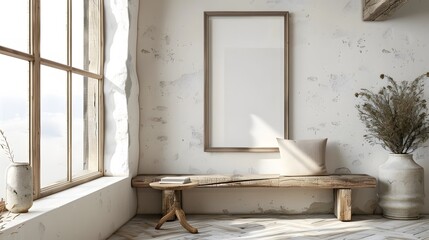 Rustic old wood log bench near white wall with art poster frame. Boho interior design of modern living room in farmhouse