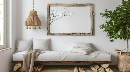 Rustic old wood log bench near white wall with art poster frame. Boho interior design of modern living room in farmhouse