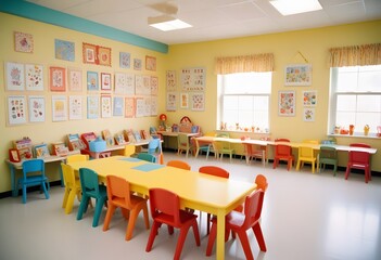 Fototapeta na wymiar A school classroom with colorful chairs and tables for children