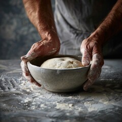 Fototapeta premium Hands preparing dough closeup, dough in a bowl on rustic kitchen table, hands making pizza, bread
