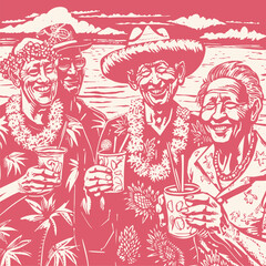 A group of pensioners having cocktails and having fun on the ocean shore. vector illustration