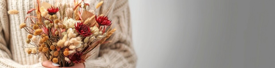 A woman tender grasp on a bouquet of dried flowers