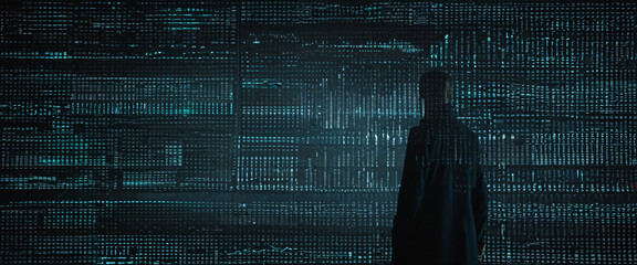 A silhouette of a person standing in front of a giant digital screen with a flow of data showing various cyber threats and vulnerabilities