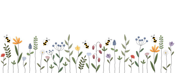 Banner mit fliegenden Bienen über einer bunten Blumenwiese. Freier Platz für Text. Vorlage für Einladungen, Grußkarten, Social Media Posts und Werbung.